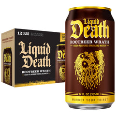 Liquid Death front can showing rootbeer flavor and bold branding benefit: soda-like taste