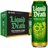 Liquid Death Severed Lime front packaging showing bold lime soda branding and recyclable can benefit