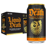 Liquid Death front packaging showing bold orange soda-style can and branding benefit refreshment