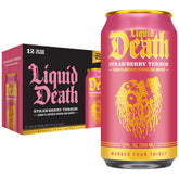 Liquid Death front can showing strawberry terror branding and bold design, eye-catching on shelf