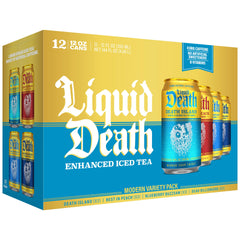 Liquid Death variety pack front view showing all four flavors and recyclable benefit