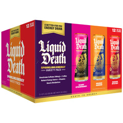 Liquid Death variety pack front showing three flavor cans and packaging, refreshing convenience