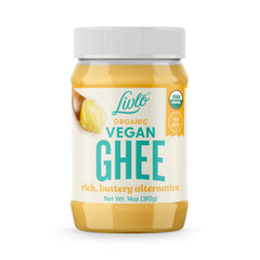 LIVLO front jar 14 oz showing packaging and organic vegan ghee benefits