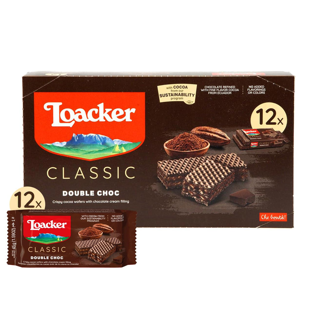 Loacker front package showing 12-pack and branding, convenient storage benefit