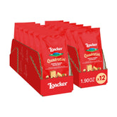 Loacker front packaging shows hazelnut Quadratini and benefits of on-the-go convenience