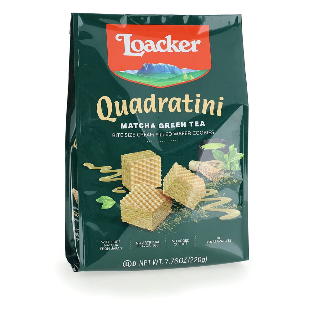 Loacker Quadratini matcha front packaging shows resealable pouch and weight benefit