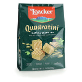 Loacker Quadratini matcha front packaging shows resealable pouch and weight benefit