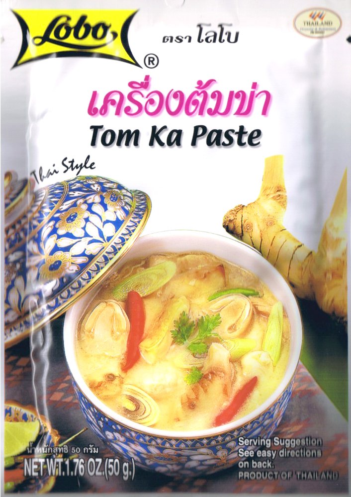 Lobo front envelope showing Tom Ka paste packet and clear instructions for quick soup