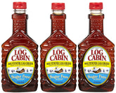 Log Cabin front packaging showing three 12 oz bottles and clear label benefits