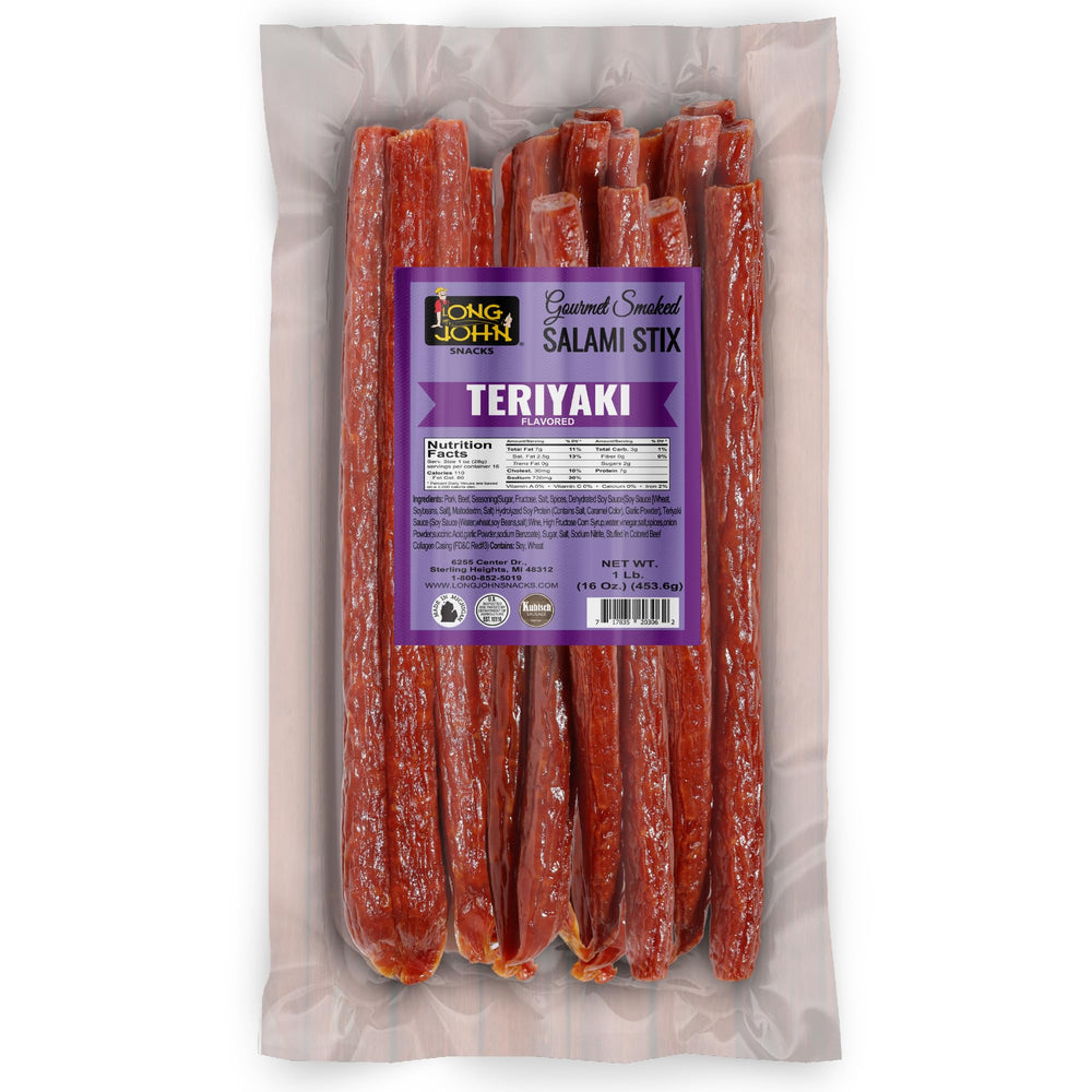 Long John Snacks front packaging showing teriyaki sticks and convenience