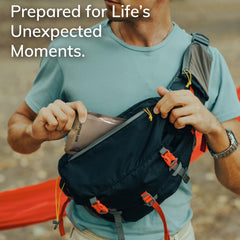 Long Life Food Depot pouch held in hand showing compact size and easy portability for outdoor use