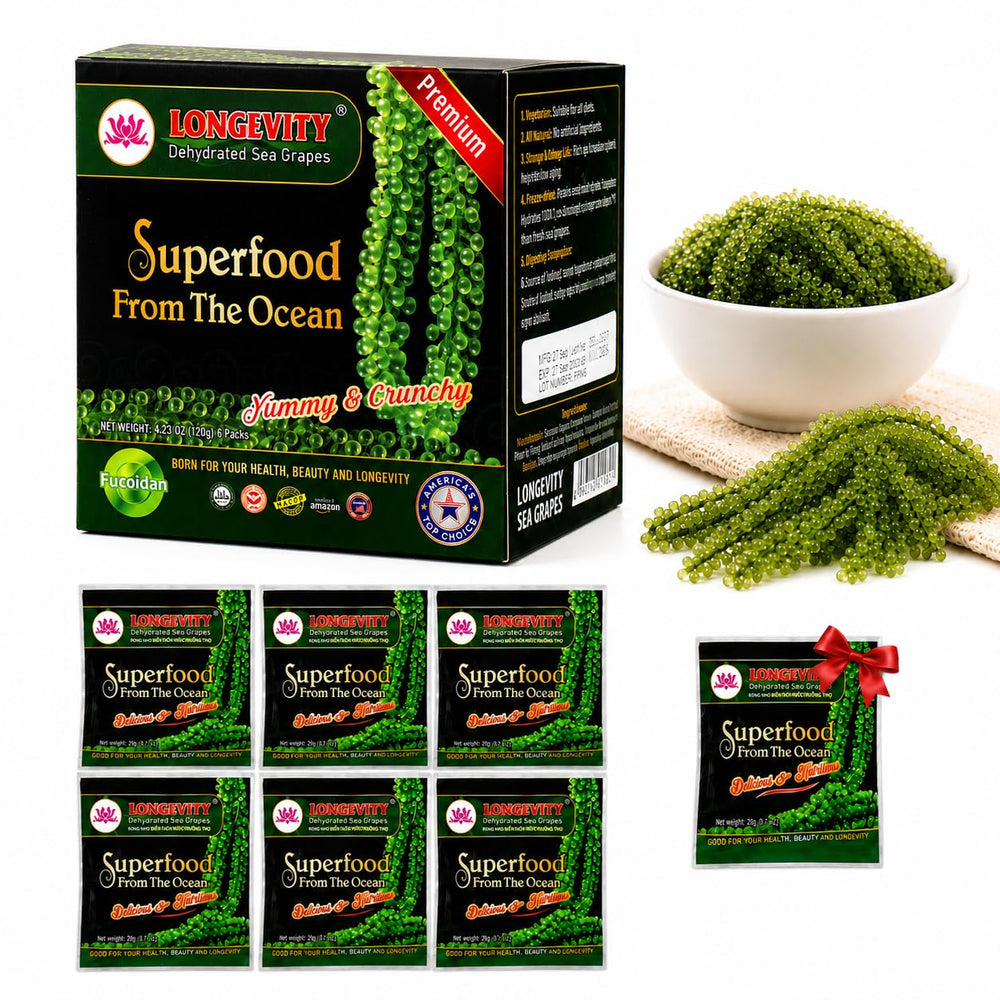 LONGEVITY front packaging showing organic sea grapes and benefits