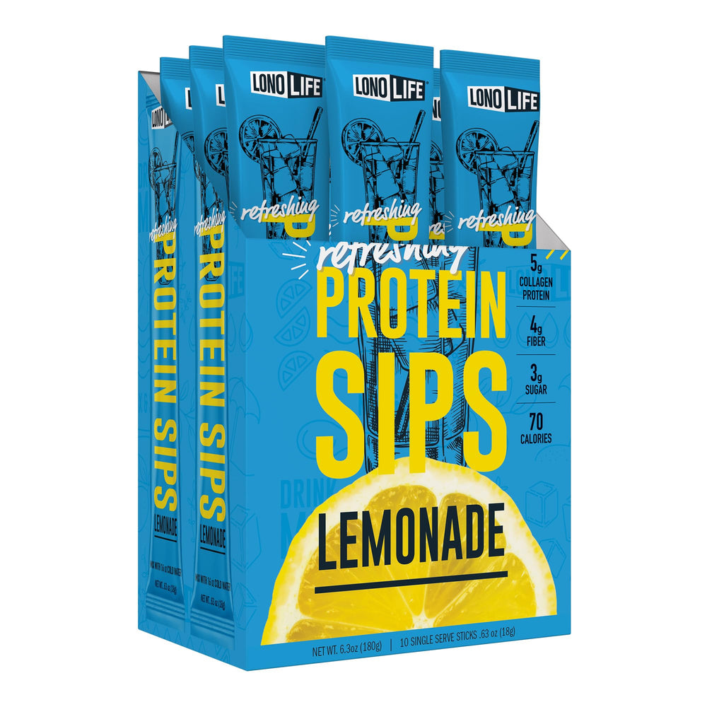 LonoLife front packaging showing lemonade protein sticks, convenient on-the-go drink