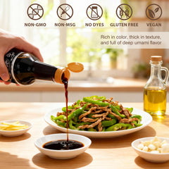 lonppeis bottle beside stir-fry demonstrating enhanced flavor and appearance