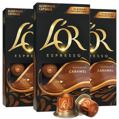 L'OR front packaging showing 30-count caramel capsules for quick choice