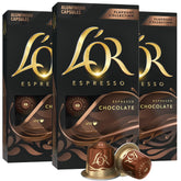 L'OR pack front showing 30-count chocolate capsules and clear branding for convenience