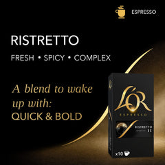 L'OR poured ristretto shot in espresso cup showing rich crema and intense aroma