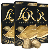L'OR front packaging showing 30-count vanilla capsules for convenient brewing