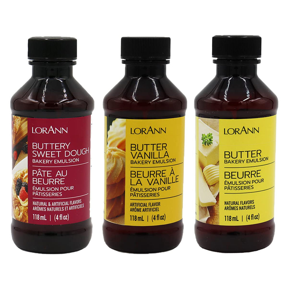 LorAnn Oils 3-pack front view showing bottles and labels, clear bakery-ready flavors benefit