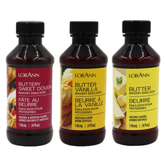LorAnn Oils 3-pack front view showing bottles and labels, clear bakery-ready flavors benefit