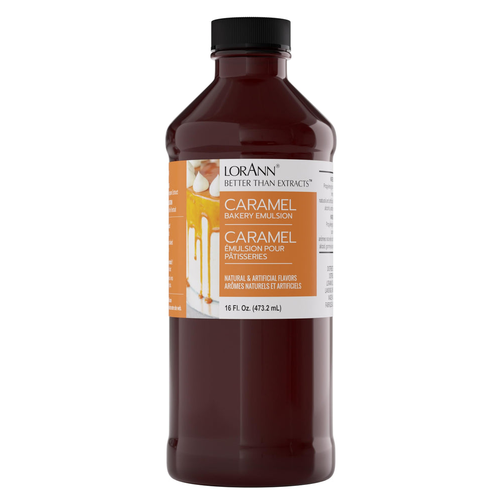 LorAnn Oils bottle front view showing caramel emulsion and benefits