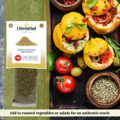 L'Oro Del Sud close-up of finely ground oregano texture, showing fresh aroma and even distribution