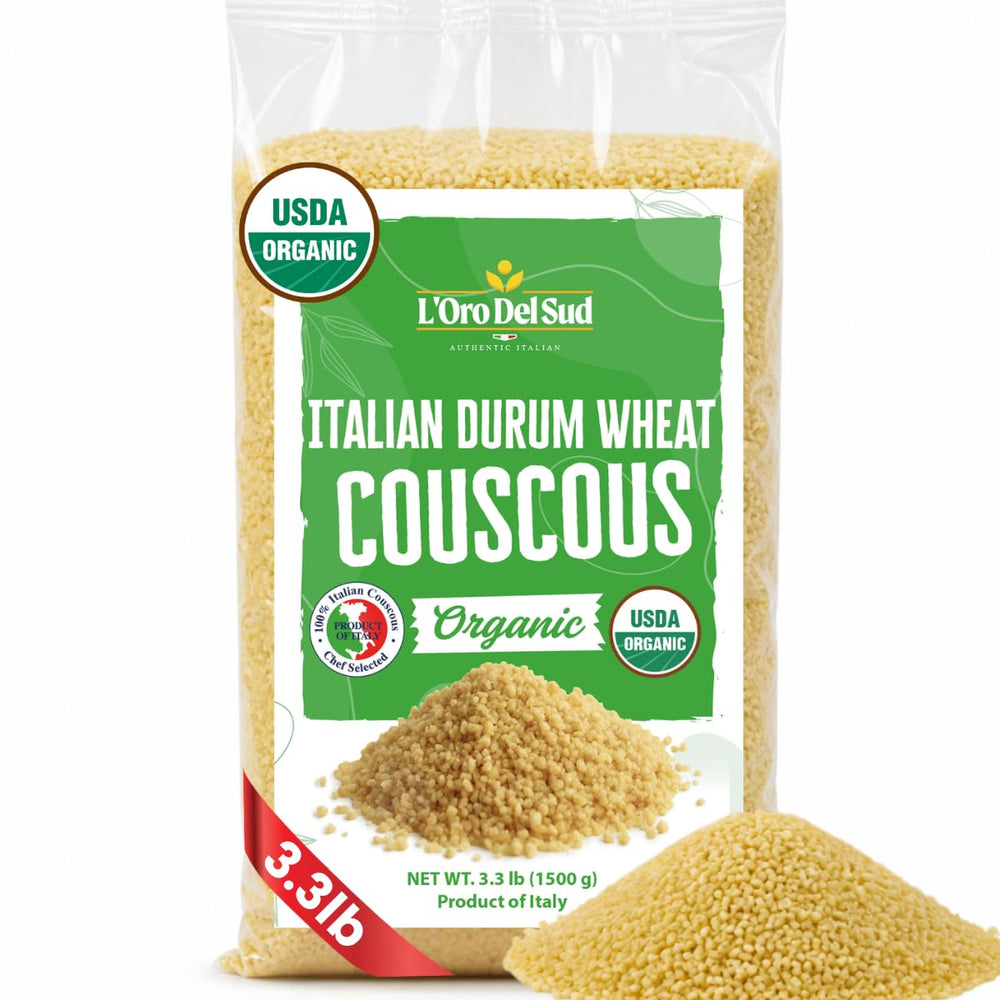L'Oro Del Sud front packaging showing organic couscous and label benefits