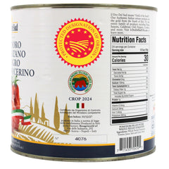 L'Oro Del Sud whole tomatoes in open can showing peeled fruit and natural juice benefit