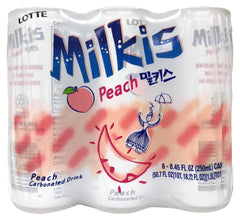 Lotte Milkis peach can front view showing flavor and refreshing fizz