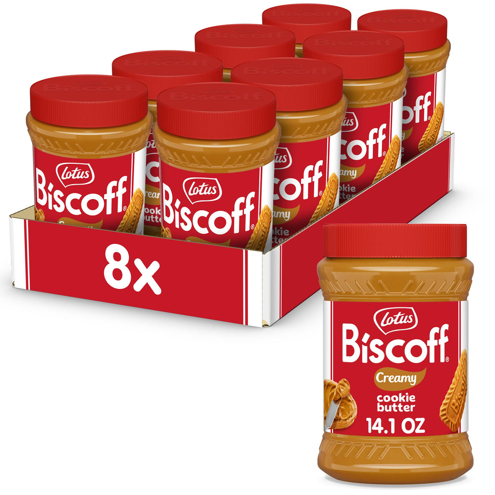 Lotus Biscoff front pack showing eight jars and brand benefit convenience