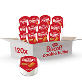Lotus Biscoff front packaging showing 120 cup pack and convenience