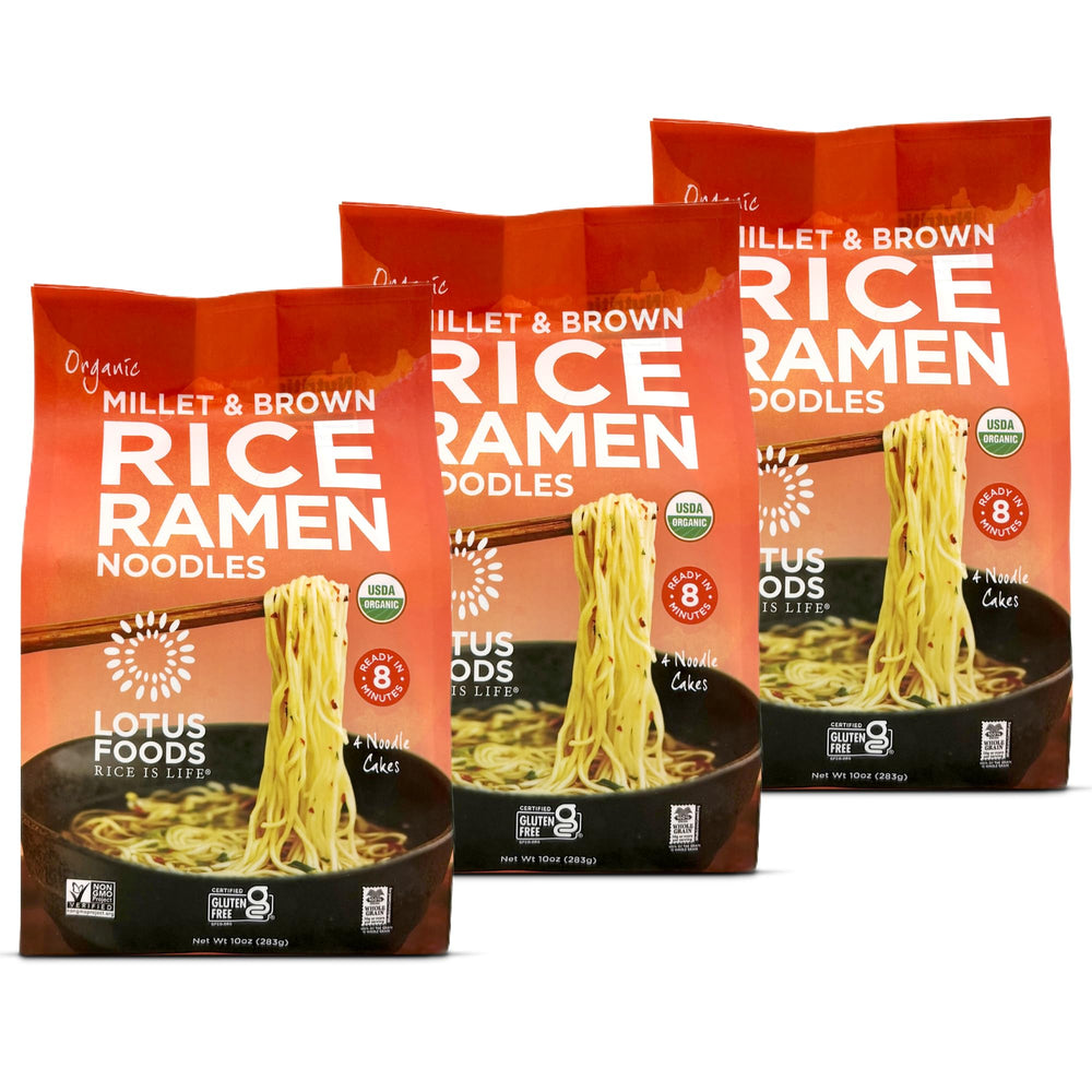 Lotus Foods front packaging showing organic millet and brown rice ramen benefits