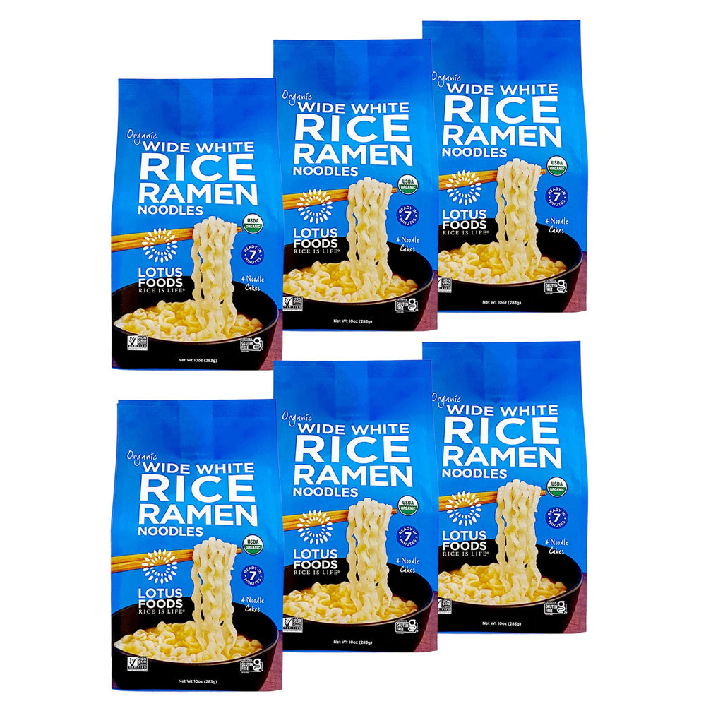 Lotus Foods front packaging showing organic wide white rice ramen benefits