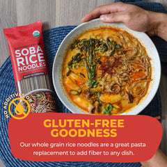 Lotus Foods soba in a steaming bowl highlighting quick-cook convenience