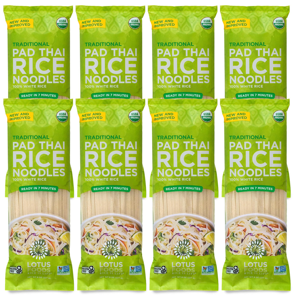 Lotus Foods front packaging showing organic pad thai noodles and benefits