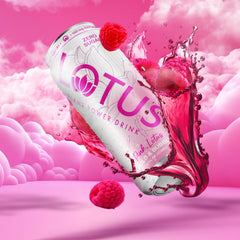 Lotus Plant Power close-up of can texture and label highlighting natural caffeine content