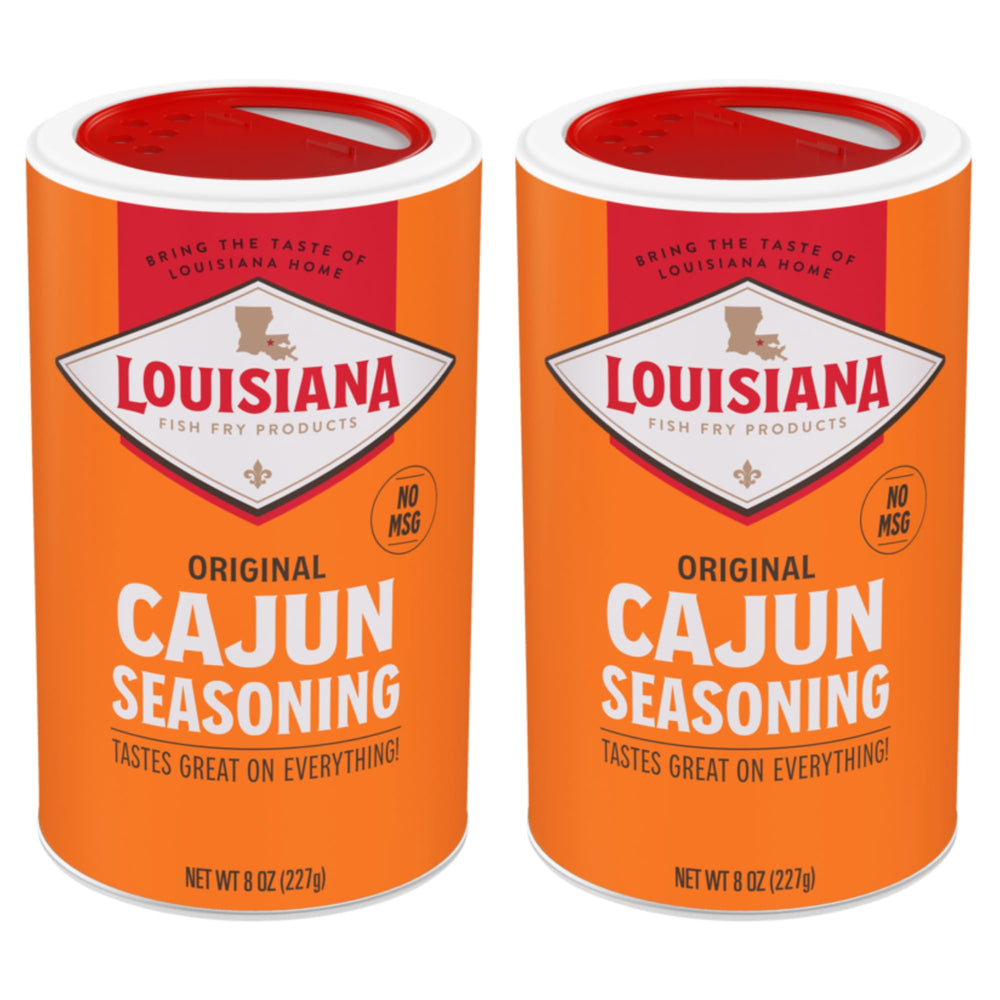 Louisiana Fish Fry front canister showing label and easy-grip design for fast seasoning