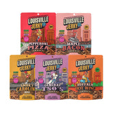 Louisville Vegan Jerky front-pack showing five flavors and bold branding benefit convenience