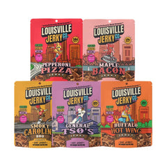 Louisville Vegan Jerky front-pack showing five flavors and bold branding benefit convenience