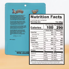 Louisville Vegan Jerky bag held in hand to show scale and easy grab-and-go portioning benefit