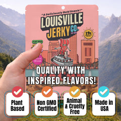 Sliced maple bacon vegan jerky on plate for Louisville Vegan Jerky serving idea