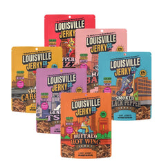 Louisville Vegan Jerky variety pack front showing six flavored bags and brand benefit