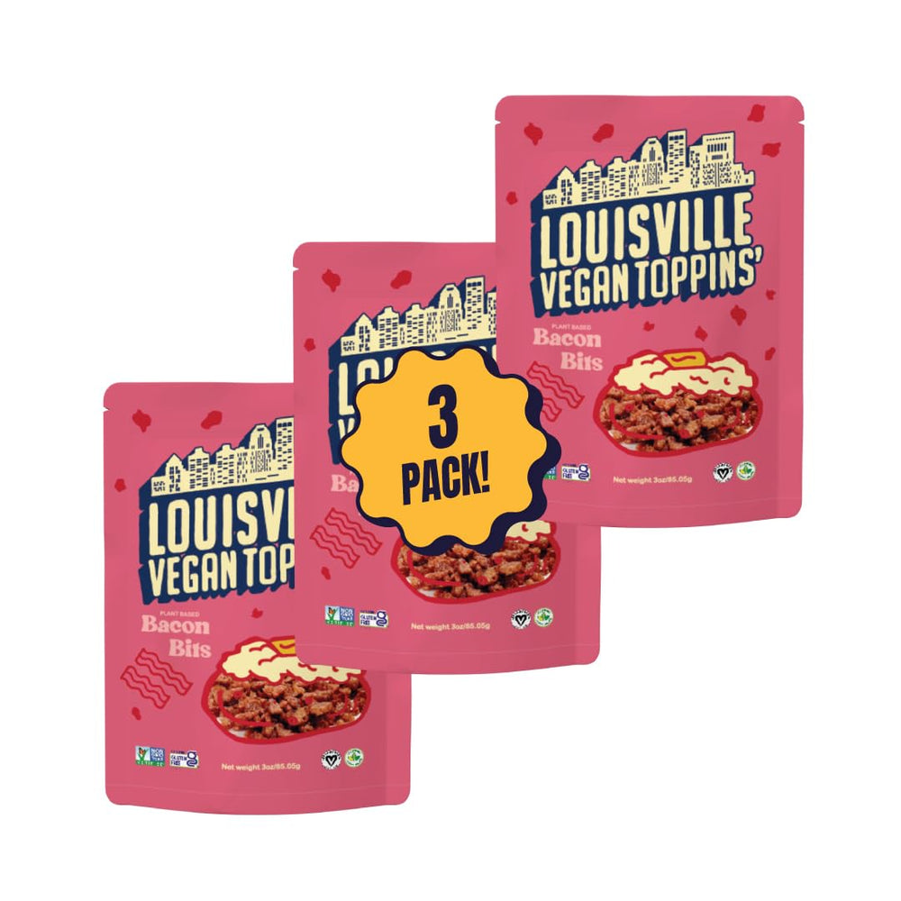 Louisville Vegan Jerky front packaging showing Toppins’ Bacon Bits benefit: ready-to-use topping