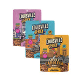 Louisville Vegan Jerky front packaging showing three 3 oz bags and clear branding for convenient snacking