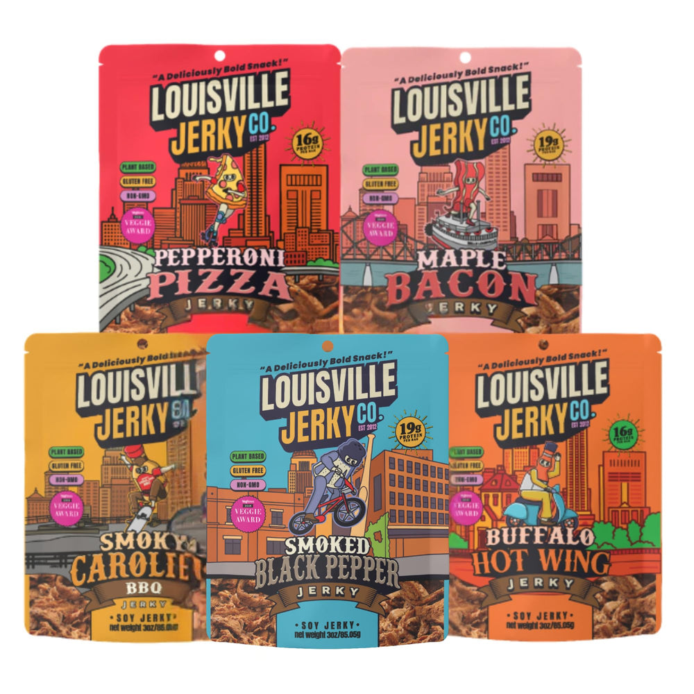 Louisville Vegan Jerky front packaging showing five 3 oz bags and bold branding for convenient snacking