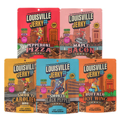 Louisville Vegan Jerky front packaging showing five 3 oz bags and bold branding for convenient snacking