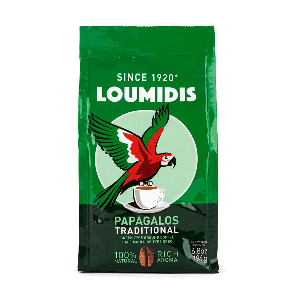 Loumidis front packaging showing Papagalos 6.8 oz and freshness benefit