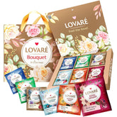 LOVARE front gift box showing colorful assorted tea bags and tidy packaging benefit easy gifting