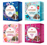LOVARE front packaging assortment showing four boxed pyramid flavors and convenience