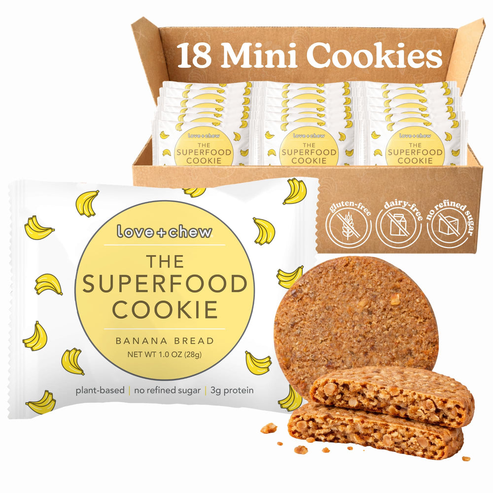 Love + Chew front packaging showing banana bread mini cookies and benefit of vegan snack